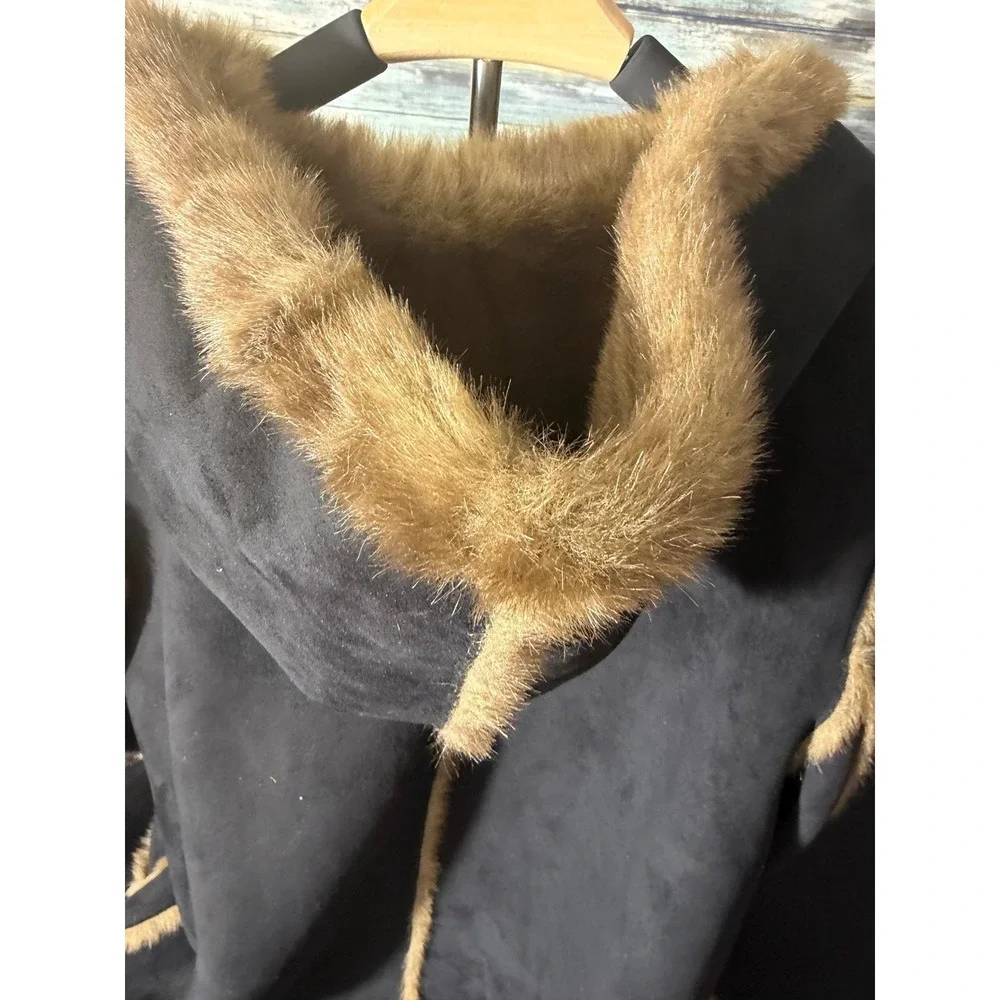 Dennis Basso‎ Faux Shearling Hooded Coat 1X Black Brown Excellent Faux Suede Fur - Picture 8 of 8